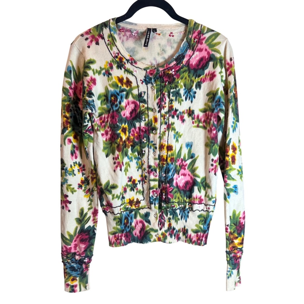 Charlotte Tarantola Floral Beaded Cardigan Sweater‎ Large Embroidered Ivory L